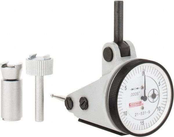 SPI - 0.06" Range, 0.0005" Dial Graduation, Vertical Dial Test Indicator - 1-3/16" White Dial, 0-15-0 Dial Reading, Accurate to 0.0012" - Exact Industrial Supply