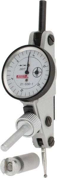 SPI - 0.06" Range, 0.001" Dial Graduation, Horizontal Dial Test Indicator - 1-3/16" White Dial, 0-15-0 Dial Reading, Accurate to 0.0012" - Exact Industrial Supply
