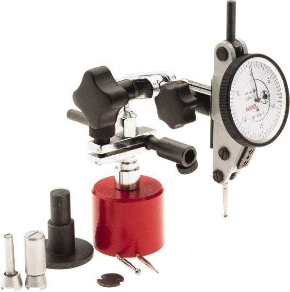 SPI - 9 Piece, 0" to 0.06" Measuring Range, 1-1/2" Dial Diam, 0-15-0 Dial Reading, White Dial Test Indicator Kit - 0.0012" Accuracy, 0.86" Contact Point Length, 0.079" Ball Diam, 0.0005" Dial Graduation - Exact Industrial Supply