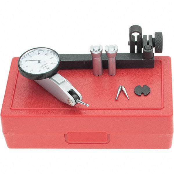SPI - 8 Piece, 0mm to 0.2mm Measuring Range, 32mm Dial Diam, 0-100-0 Dial Reading, White Dial Test Indicator Kit - 0.04mm Accuracy, 16.2mm Contact Point Length, 2mm Ball Diam, 0.002mm Dial Graduation - Exact Industrial Supply