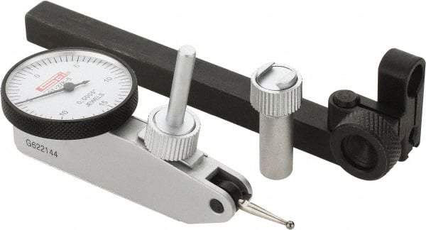 SPI - 8 Piece, 0" to 0.03" Measuring Range, 1-1/4" Dial Diam, 0-15-0 Dial Reading, White Dial Test Indicator Kit - 0.0005" Accuracy, 0.64" Contact Point Length, 0.079" Ball Diam, 0.0005" Dial Graduation - Exact Industrial Supply