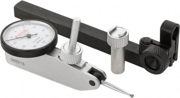 SPI - 8 Piece, 0" to 0.02" Measuring Range, 1-1/4" Dial Diam, 0-10-0 Dial Reading, White Dial Test Indicator Kit - 0.0005" Accuracy, 0.64" Contact Point Length, 0.079" Ball Diam, 0.0005" Dial Graduation - Exact Industrial Supply