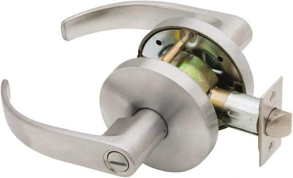 Falcon - Grade 1 Privacy Lever Lockset for 1-3/8" Thick Doors - 2-3/4" Back Set, No Cylinder, Steel, Satin Chrome Finish - Exact Industrial Supply