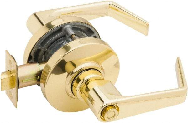 Falcon - Grade 2 Entrance Lever Lockset for 1-3/8" Thick Doors - 2-3/4" Back Set, No Cylinder, Steel, Bright Brass Finish - Exact Industrial Supply