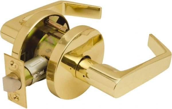 Falcon - Grade 2 Passage Lever Lockset for 1-3/8" Thick Doors - 2-3/4" Back Set, No Cylinder, Steel, Bright Brass Finish - Exact Industrial Supply