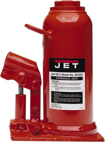 Jet - 22.5 Ton Capacity Hydraulic Bottle Jack - 10.63" to 16-7/8" High, 1-1/2" Screw Length, 7-1/8" Long x 5-1/2" Wide Base - Exact Industrial Supply