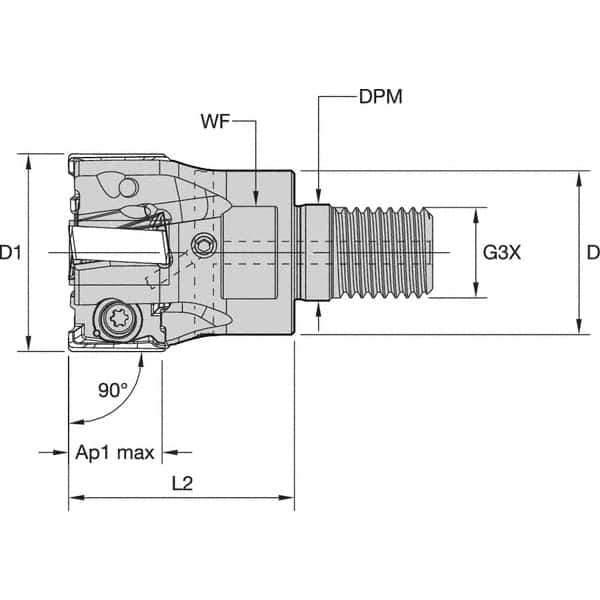 Kennametal - 35mm Cut Diam, 15.5mm Max Depth of Cut, 1.142" Shank Diam, 64mm OAL, Indexable Square Shoulder End Mill - LNGU15T608SRGE Inserts, M16 Modular Connection, 0° Lead Angle, Through Coolant, Series MILL 4-15 - Exact Industrial Supply