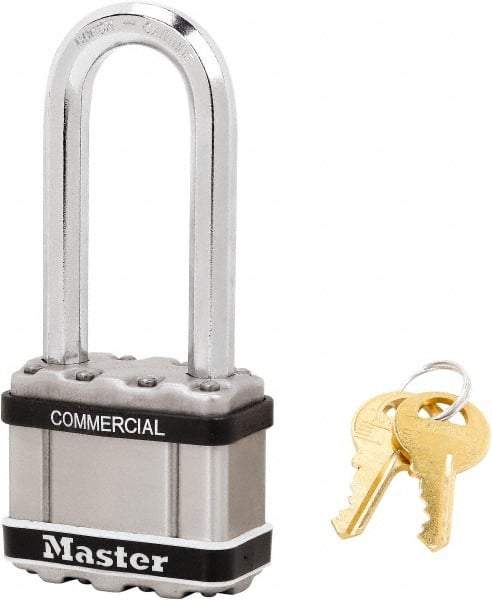 Master Lock - 2-1/2" Shackle Clearance, Keyed Alike Padlock - 3/8" Shackle Diam, Laminated Steel - Exact Industrial Supply