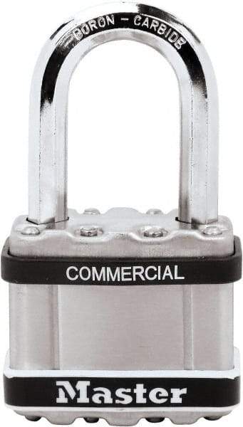 Master Lock - 2-1/2" Shackle Clearance, Keyed Different Padlock - 3/8" Shackle Diam, Laminated Steel - Exact Industrial Supply