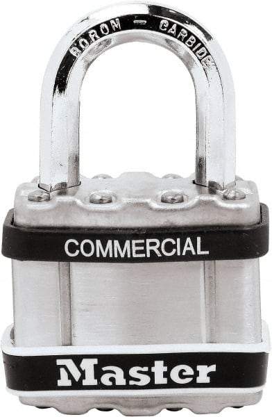 Master Lock - 1" Shackle Clearance, Keyed Different Padlock - 5/16" Shackle Diam, Laminated Steel - Exact Industrial Supply
