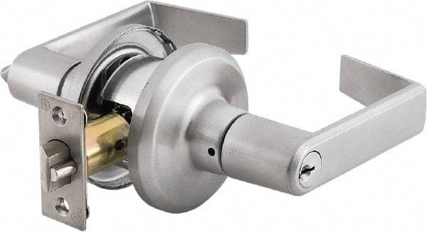 Stanley - Grade 2 Storeroom Lever Lockset - 2-3/8 & 2-3/4" Back Set, Brass Alloy, Satin Chrome Finish - Exact Industrial Supply