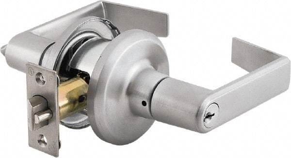 Stanley - Grade 2 Classroom Lever Lockset - 2-3/8 & 2-3/4" Back Set, Brass Alloy, Satin Chrome Finish - Exact Industrial Supply