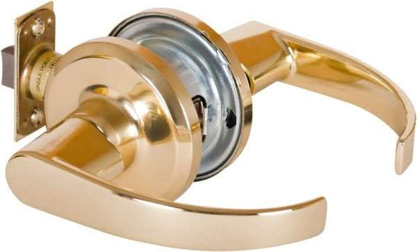 Stanley - Grade 2 Passage Lever Lockset - 2-3/8 & 2-3/4" Back Set, Keyless Cylinder, Brass Alloy, Bright Brass Finish - Exact Industrial Supply