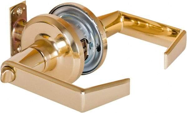 Stanley - Grade 2 Privacy Lever Lockset - 2-3/8 & 2-3/4" Back Set, Keyless Cylinder, Brass Alloy, Bright Brass Finish - Exact Industrial Supply