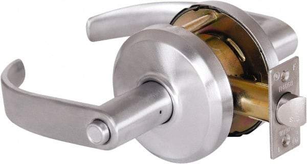 Stanley - Grade 2 Privacy Lever Lockset - 2-3/4" Back Set, Keyless Cylinder, Brass Alloy, Satin Chrome Finish - Exact Industrial Supply