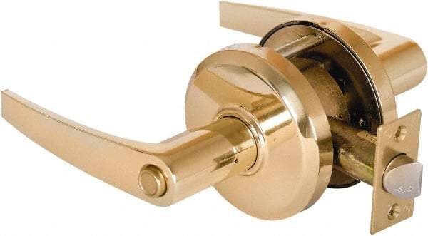 Stanley - Grade 2 Privacy Lever Lockset - 2-3/4" Back Set, Keyless Cylinder, Brass Alloy, Bright Brass Finish - Exact Industrial Supply