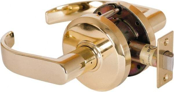 Stanley - Grade 2 Passage Lever Lockset - 2-3/4" Back Set, Keyless Cylinder, Brass Alloy, Bright Brass Finish - Exact Industrial Supply