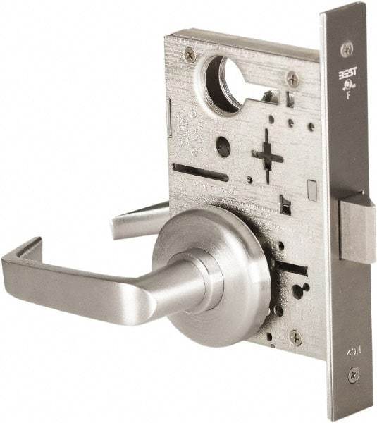 Best - Grade 1 Passage Lever Lockset - 2-3/4" Back Set, Keyless Cylinder, Brass Alloy, Satin Chrome Finish - Exact Industrial Supply