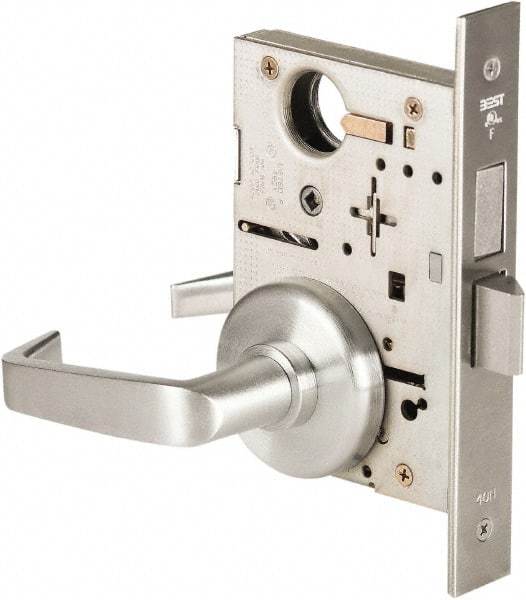 Best - Grade 1 Privacy Lever Lockset - 2-3/4" Back Set, Keyless Cylinder, Brass Alloy, Satin Chrome Finish - Exact Industrial Supply