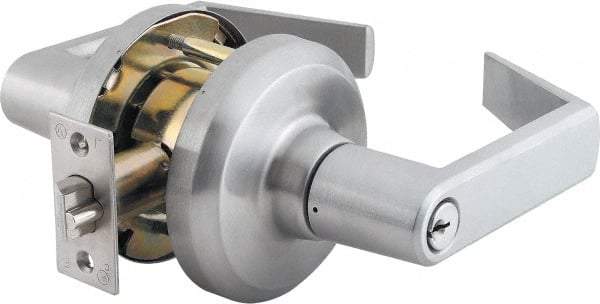 Stanley - Grade 1 Storeroom Lever Lockset - 2-3/4" Back Set, Key In Lever Cylinder, Brass Alloy, Satin Chrome Finish - Exact Industrial Supply