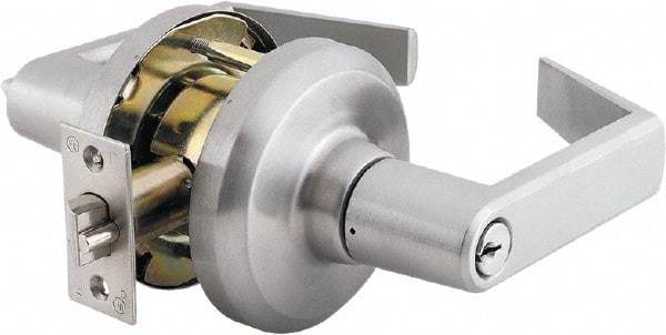 Stanley - Grade 1 Entrance Lever Lockset - 2-3/4" Back Set, Key In Lever Cylinder, Brass Alloy, Satin Chrome Finish - Exact Industrial Supply