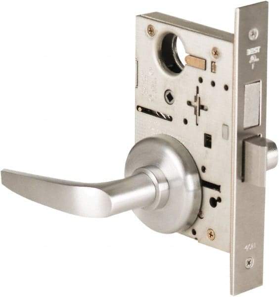 Best - Grade 1 Privacy Lever Lockset - 2-3/4" Back Set, Keyless Cylinder, Brass Alloy, Satin Chrome Finish - Exact Industrial Supply
