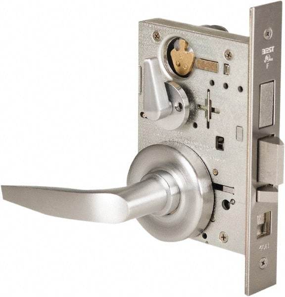 Stanley - Grade 1 Office Lever Lockset - 2-3/4" Back Set, Best SFIC Cylinder, Brass Alloy, Satin Chrome Finish - Exact Industrial Supply