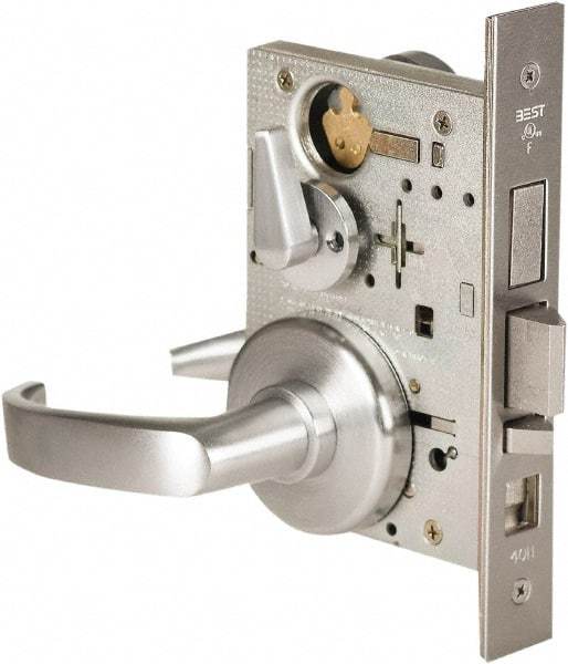 Stanley - Grade 1 Office Lever Lockset - 2-3/4" Back Set, Best SFIC Cylinder, Brass Alloy, Satin Chrome Finish - Exact Industrial Supply