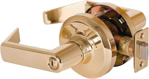Stanley - Grade 1 Privacy Lever Lockset - 2-3/4" Back Set, Keyless Cylinder, Brass Alloy, Bright Brass Finish - Exact Industrial Supply