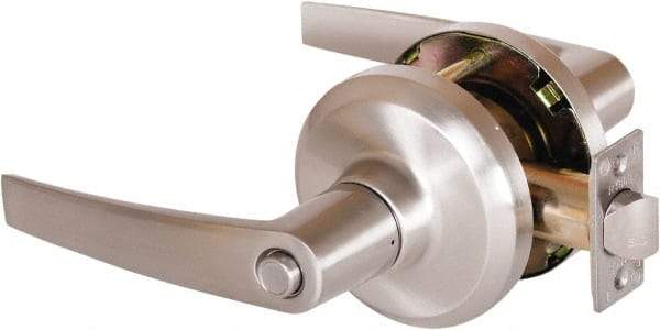Stanley - Grade 1 Privacy Lever Lockset - 2-3/4" Back Set, Keyless Cylinder, Brass Alloy, Satin Nickel Finish - Exact Industrial Supply