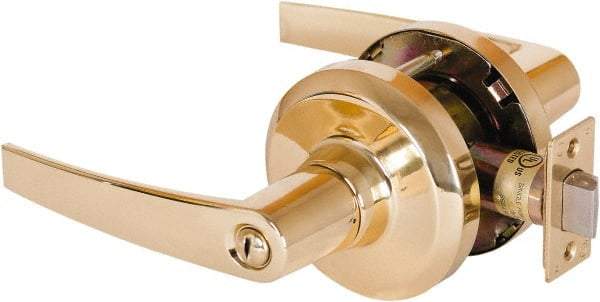 Stanley - Grade 1 Privacy Lever Lockset - 2-3/4" Back Set, Keyless Cylinder, Brass Alloy, Bright Brass Finish - Exact Industrial Supply