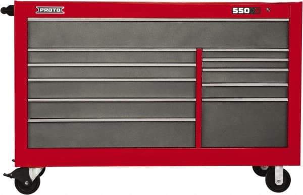 Proto - 35,917 Lb Capacity, 11 Drawer Mobile Workstation - 66" Wide x 27" Deep x 46" High, Steel, Safety Red & Gray - Exact Industrial Supply
