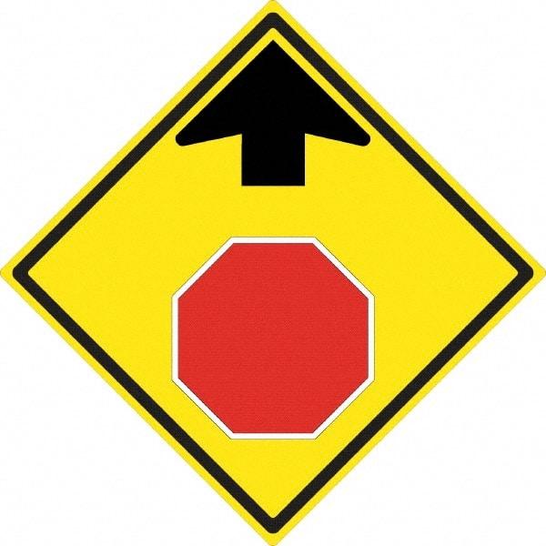 NMC - "Up Arrow, Stop Symbol", 24" Wide x 24" High, Aluminum Stop & Yield Signs - 0.08" Thick, Red & Black on Yellow, High Intensity Reflectivity, Diamond, Post Mount - Exact Industrial Supply