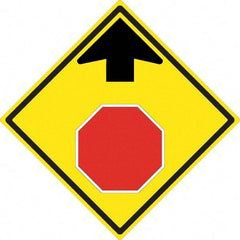 NMC - "Up Arrow, Stop Symbol", 24" Wide x 24" High, Aluminum Stop & Yield Signs - 0.08" Thick, Red & Black on Yellow, High Intensity Reflectivity, Diamond, Post Mount - Exact Industrial Supply