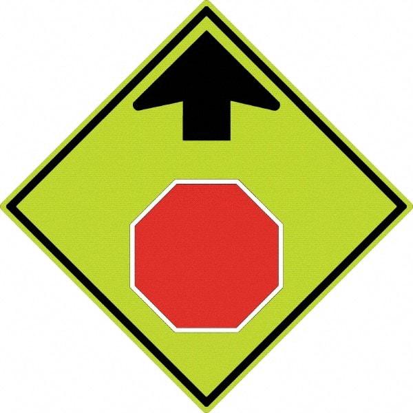 NMC - "Up Arrow, Stop Symbol", 30" Wide x 30" High, Aluminum Stop & Yield Signs - 0.08" Thick, Red & Black on Yellow, Diamond Grade Reflectivity, Diamond, Post Mount - Exact Industrial Supply