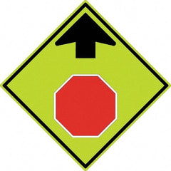 NMC - "Up Arrow, Stop Symbol", 30" Wide x 30" High, Aluminum Stop & Yield Signs - 0.08" Thick, Red & Black on Yellow, Diamond Grade Reflectivity, Diamond, Post Mount - Exact Industrial Supply