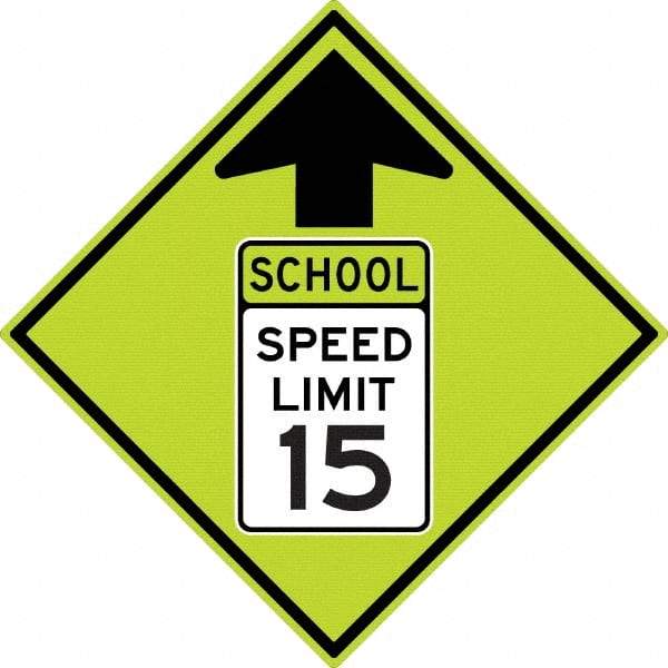 NMC - "School Speed Limit 15", "Up Arrow", 30" Wide x 30" High, Aluminum Warning & Safety Reminder Signs - 0.08" Thick, Black/Green, Diamond Grade Reflectivity, Diamond, Post Mount - Exact Industrial Supply