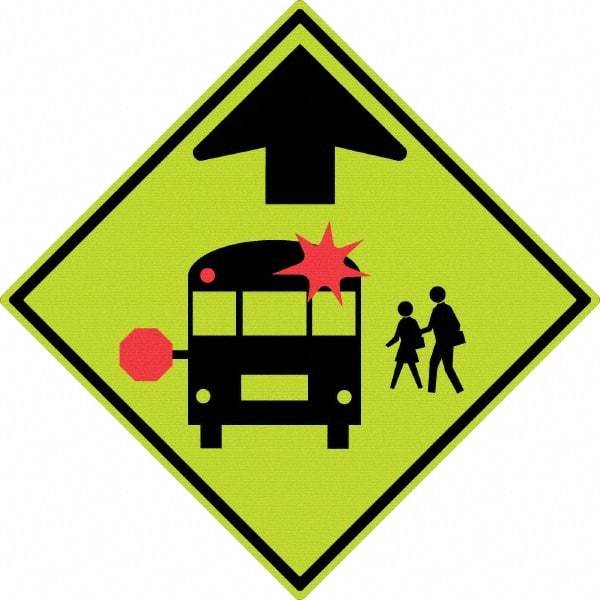 NMC - "School Bus", 30" Wide x 30" High, Aluminum Warning & Safety Reminder Signs - 0.08" Thick, Red & Black on Yellow, Diamond Grade Reflectivity, Diamond, Post Mount - Exact Industrial Supply