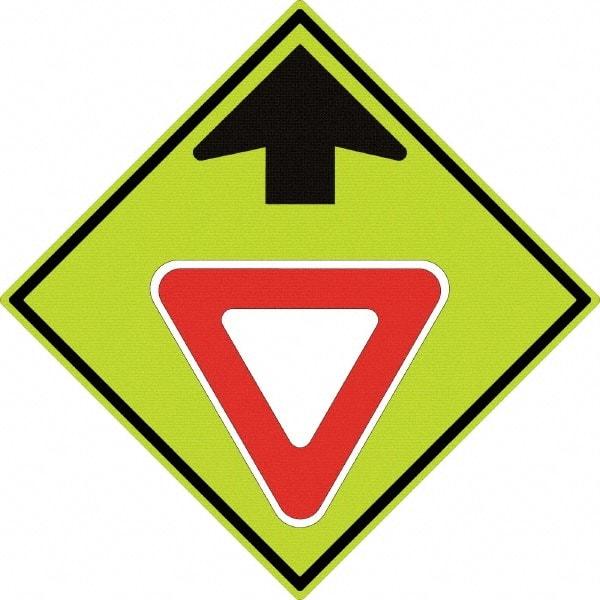 NMC - "Up Arrow, Yield Symbol", 30" Wide x 30" High, Aluminum Stop & Yield Signs - 0.08" Thick, Red & Black on Yellow, Diamond Grade Reflectivity, Diamond, Post Mount - Exact Industrial Supply