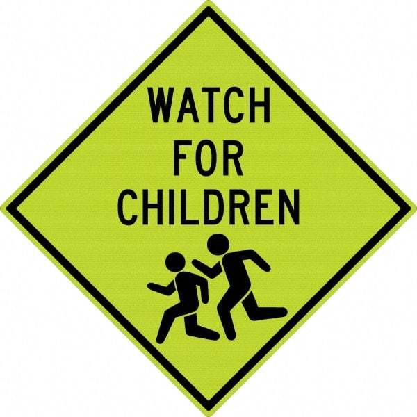 NMC - "Watch For Children", "Children Running", 30" Wide x 30" High, Aluminum Warning & Safety Reminder Signs - 0.08" Thick, Black on Yellow, Diamond Grade Reflectivity, Diamond, Post Mount - Exact Industrial Supply