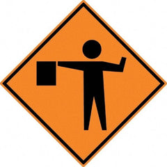 NMC - "Worker w/Directional Flag", 30" Wide x 30" High, Aluminum Construction Roadway Signs - 0.08" Thick, Black on Orange, High Intensity Reflectivity, Diamond, Post Mount - Exact Industrial Supply