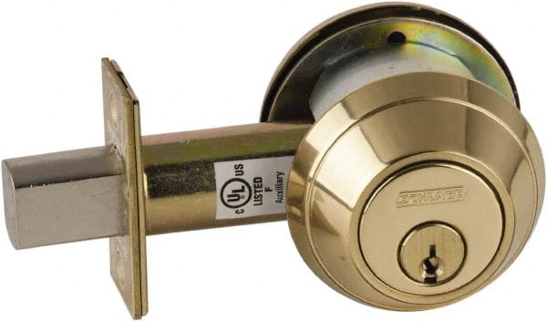 Schlage - 1-3/8 to 2-1/4" Door Thickness, Bright Brass Finish, Key Operated Deadbolt - Exact Industrial Supply