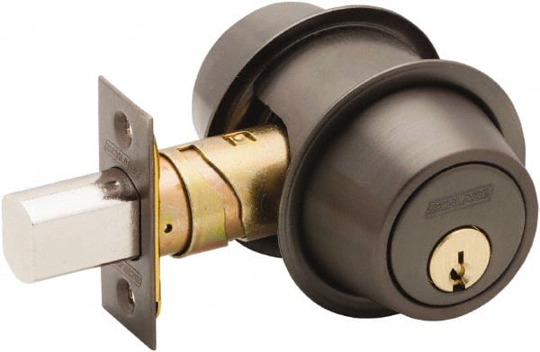 Schlage - 1-3/8 to 2-1/4" Door Thickness, Oil Rubbed Bronze Finish, Key Operated Deadbolt - Exact Industrial Supply