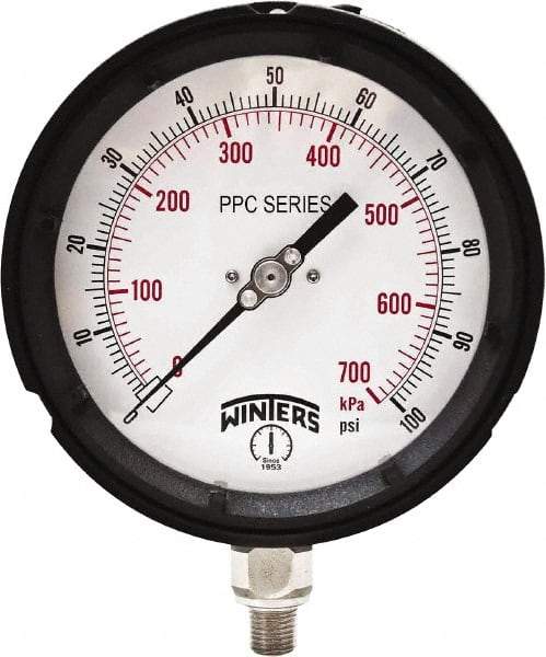 Winters - 4-1/2" Dial, 1/4 Thread, 0-100 Scale Range, Pressure Gauge - Bottom Connection Mount, Accurate to ±0.5% of Scale - Exact Industrial Supply