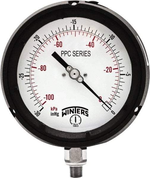 Winters - 4-1/2" Dial, 1/4 Thread, 30" HG Vac Scale Range, Pressure Gauge - Bottom Connection Mount, Accurate to ±0.5% of Scale - Exact Industrial Supply