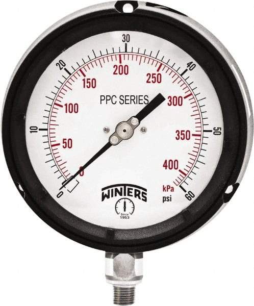 Winters - 4-1/2" Dial, 1/4 Thread, 0-60 Scale Range, Pressure Gauge - Bottom Connection Mount, Accurate to ±0.5% of Scale - Exact Industrial Supply