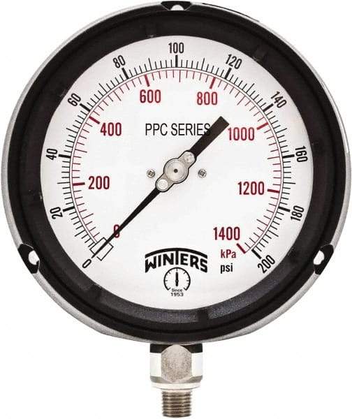 Winters - 4-1/2" Dial, 1/4 Thread, 0-200 Scale Range, Pressure Gauge - Bottom Connection Mount, Accurate to ±0.5% of Scale - Exact Industrial Supply
