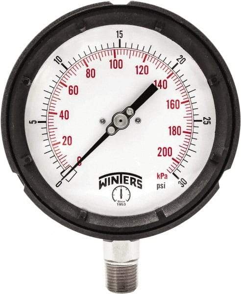 Winters - 4-1/2" Dial, 1/4 Thread, 0-30 Scale Range, Pressure Gauge - Bottom Connection Mount, Accurate to ±0.5% of Scale - Exact Industrial Supply