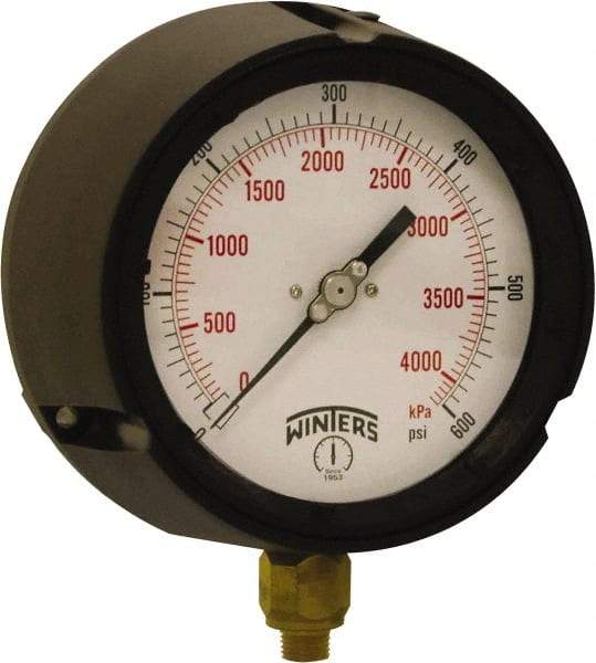 Winters - 4-1/2" Dial, 1/4 Thread, 0-600 Scale Range, Pressure Gauge - Bottom Connection Mount, Accurate to ±0.5% of Scale - Exact Industrial Supply