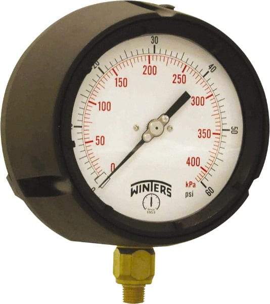 Winters - 4-1/2" Dial, 1/4 Thread, 0-60 Scale Range, Pressure Gauge - Bottom Connection Mount, Accurate to ±0.5% of Scale - Exact Industrial Supply